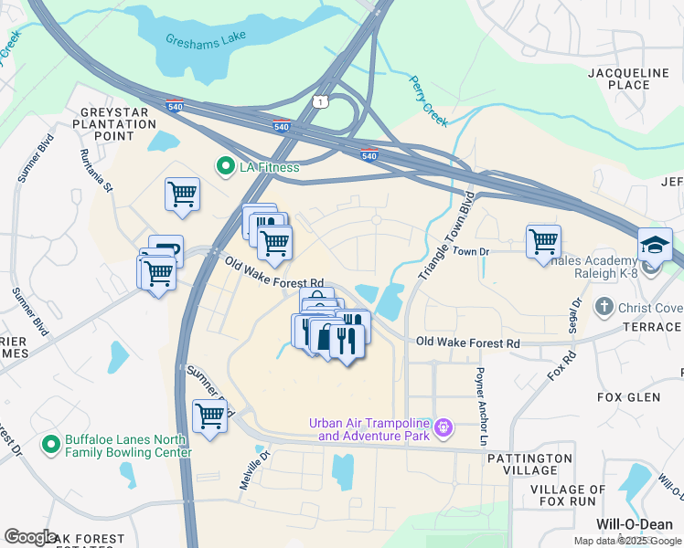 map of restaurants, bars, coffee shops, grocery stores, and more near 6540 Mezzo Lane in Raleigh