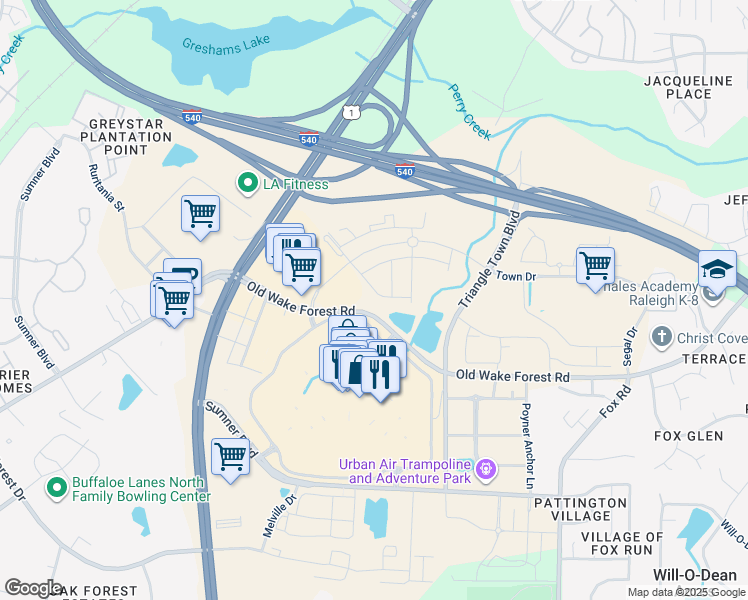 map of restaurants, bars, coffee shops, grocery stores, and more near 6540 Mezzo Lane in Raleigh