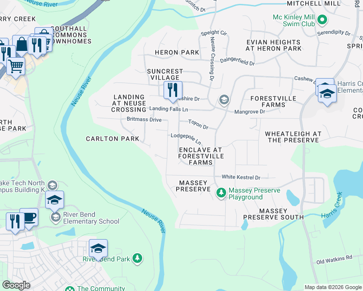 map of restaurants, bars, coffee shops, grocery stores, and more near 3712 Blue Blossom Drive in Raleigh