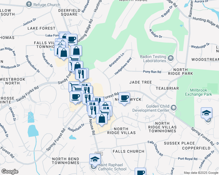 map of restaurants, bars, coffee shops, grocery stores, and more near 6323 New Market Way in Raleigh