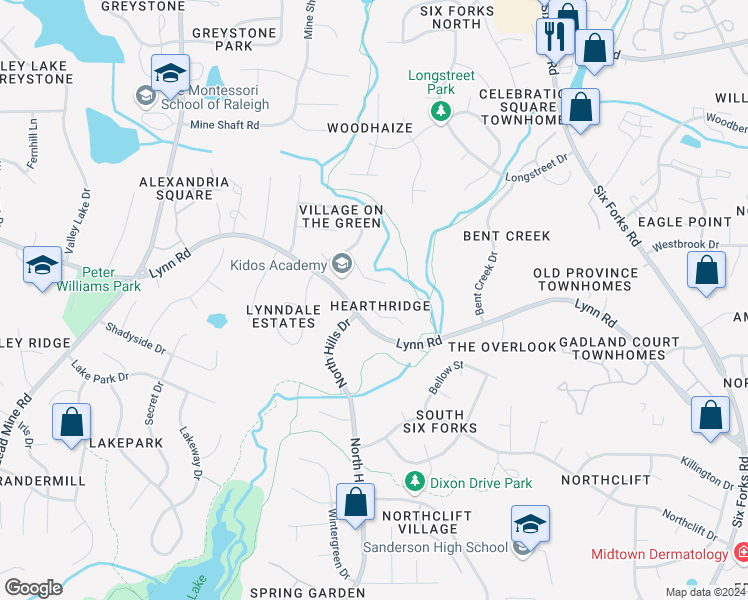 map of restaurants, bars, coffee shops, grocery stores, and more near 928 Hearthridge Court in Raleigh