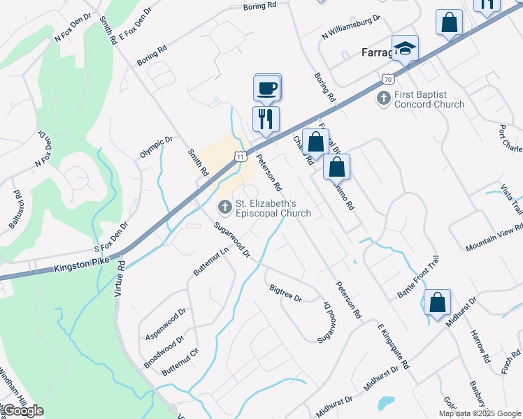 map of restaurants, bars, coffee shops, grocery stores, and more near 11907 Butternut Lane in Knoxville