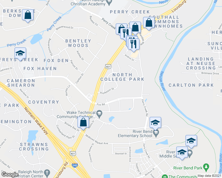 map of restaurants, bars, coffee shops, grocery stores, and more near 6625 Professor Street in Raleigh