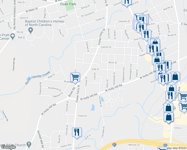 map of restaurants, bars, coffee shops, grocery stores, and more near 706 Cole Street in Thomasville
