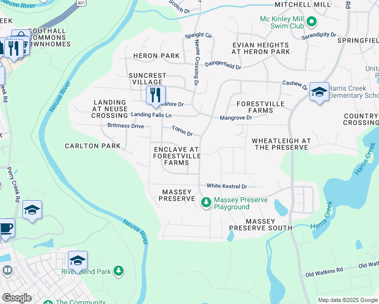 map of restaurants, bars, coffee shops, grocery stores, and more near 3905 Lodgepole Lane in Raleigh