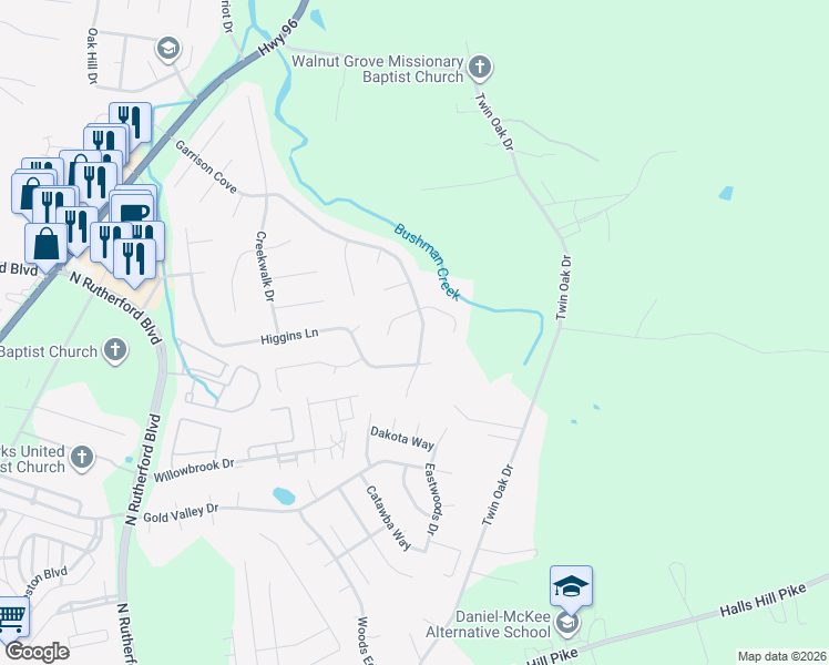 map of restaurants, bars, coffee shops, grocery stores, and more near 2408 Garrison Cove in Murfreesboro