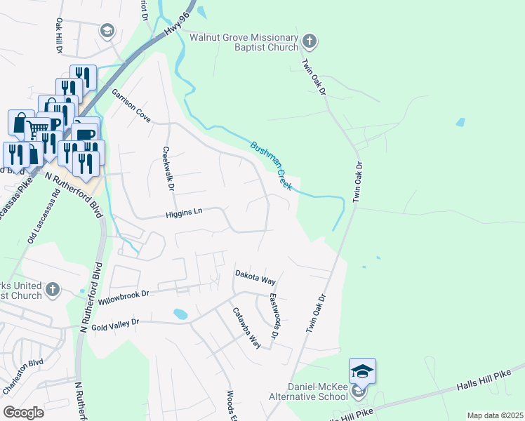 map of restaurants, bars, coffee shops, grocery stores, and more near 2408 Garrison Cove in Murfreesboro