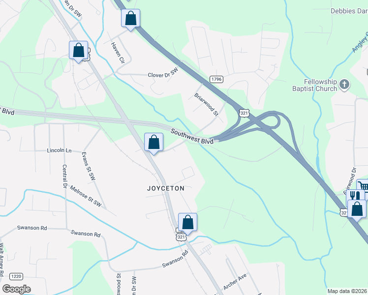 map of restaurants, bars, coffee shops, grocery stores, and more near 217 Joycetown Church Road Southwest in Lenoir