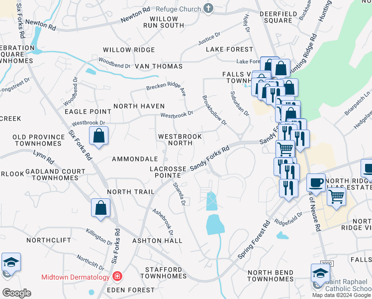 map of restaurants, bars, coffee shops, grocery stores, and more near 504 Maylands Avenue in Raleigh