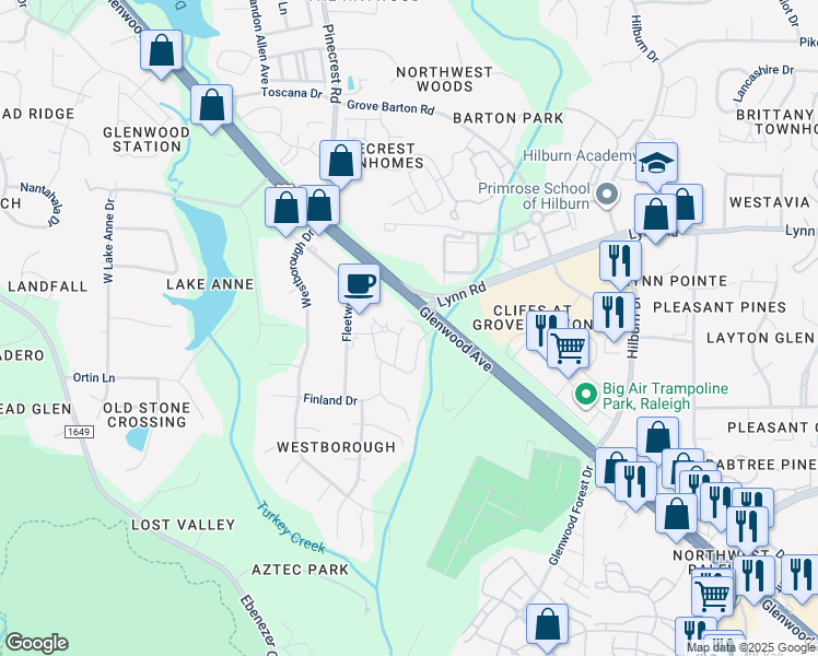 map of restaurants, bars, coffee shops, grocery stores, and more near 7801 Lillyhurst Drive in Raleigh