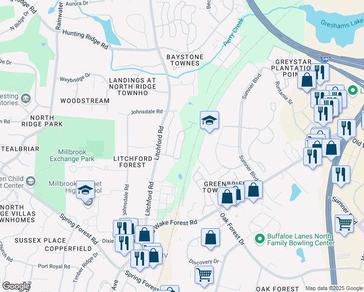 map of restaurants, bars, coffee shops, grocery stores, and more near Pavilion Place in Raleigh