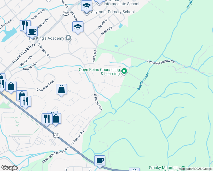 map of restaurants, bars, coffee shops, grocery stores, and more near 405 White Oak Drive in Seymour