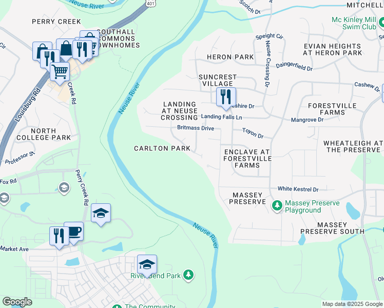 map of restaurants, bars, coffee shops, grocery stores, and more near 3605 Landshire View Lane in Raleigh