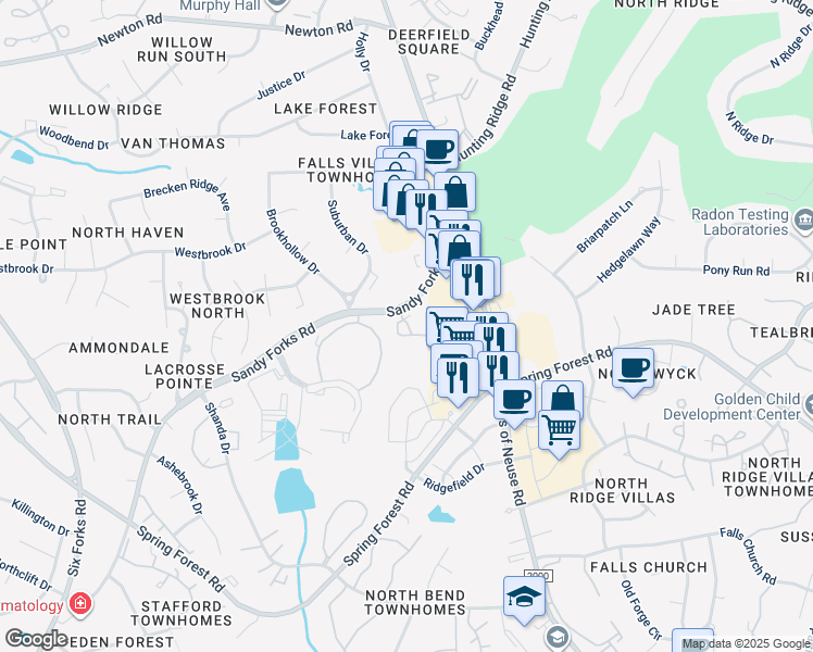 map of restaurants, bars, coffee shops, grocery stores, and more near 7030 Sandy Forks Road in Raleigh