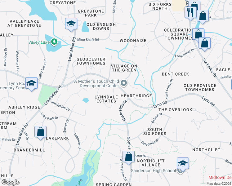 map of restaurants, bars, coffee shops, grocery stores, and more near 6217 North Hills Drive in Raleigh
