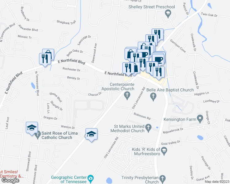 map of restaurants, bars, coffee shops, grocery stores, and more near 1841 Lascassas Pike in Murfreesboro