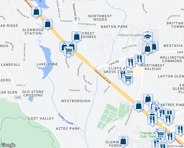 map of restaurants, bars, coffee shops, grocery stores, and more near 7801 Lillyhurst Drive in Raleigh