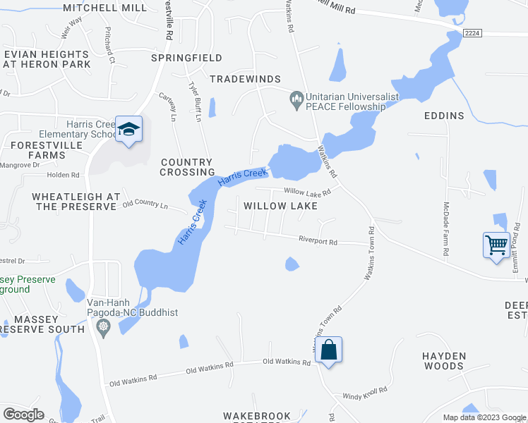 map of restaurants, bars, coffee shops, grocery stores, and more near 3213 Peachford Lane in Raleigh