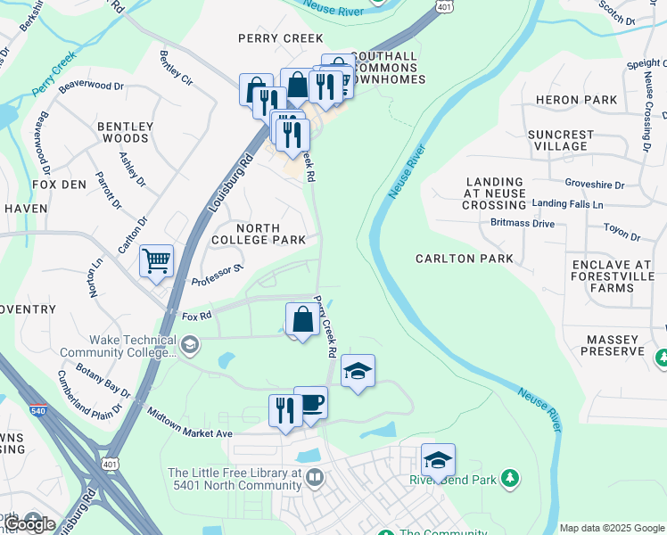 map of restaurants, bars, coffee shops, grocery stores, and more near 6880 Perry Creek Road in Raleigh