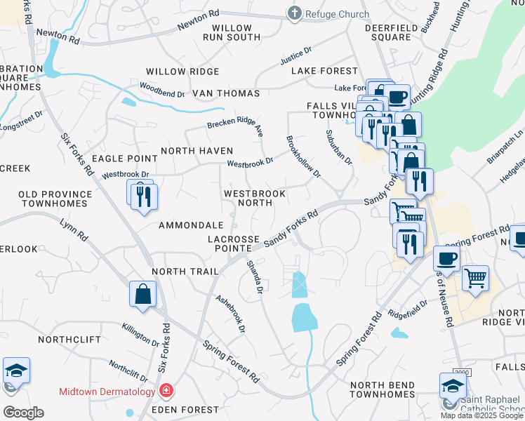 map of restaurants, bars, coffee shops, grocery stores, and more near 504 Maylands Avenue in Raleigh