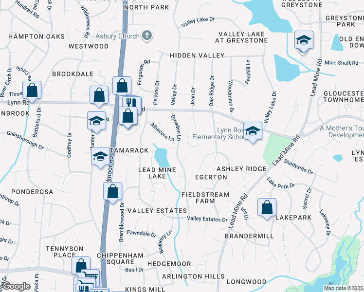 map of restaurants, bars, coffee shops, grocery stores, and more near 6412 Dresden Lane in Raleigh