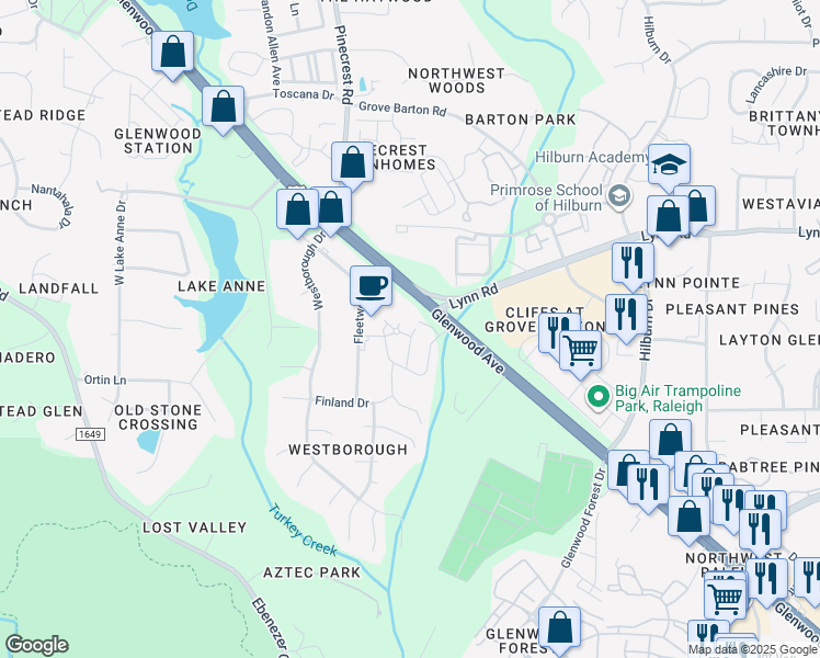 map of restaurants, bars, coffee shops, grocery stores, and more near 7852 Swatner Drive in Raleigh