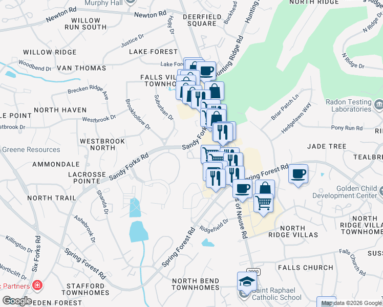 map of restaurants, bars, coffee shops, grocery stores, and more near 7030 Sandy Forks Road in Raleigh