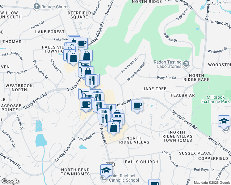 map of restaurants, bars, coffee shops, grocery stores, and more near 6323 New Market Way in Raleigh