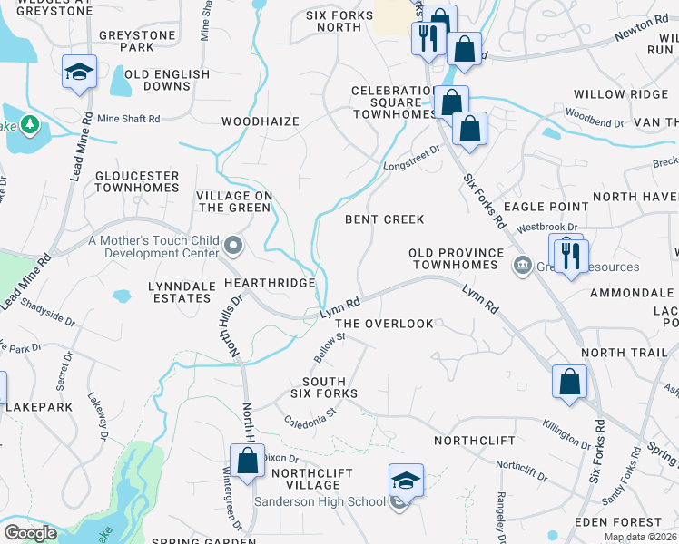 map of restaurants, bars, coffee shops, grocery stores, and more near 6418 English Oaks Drive in Raleigh