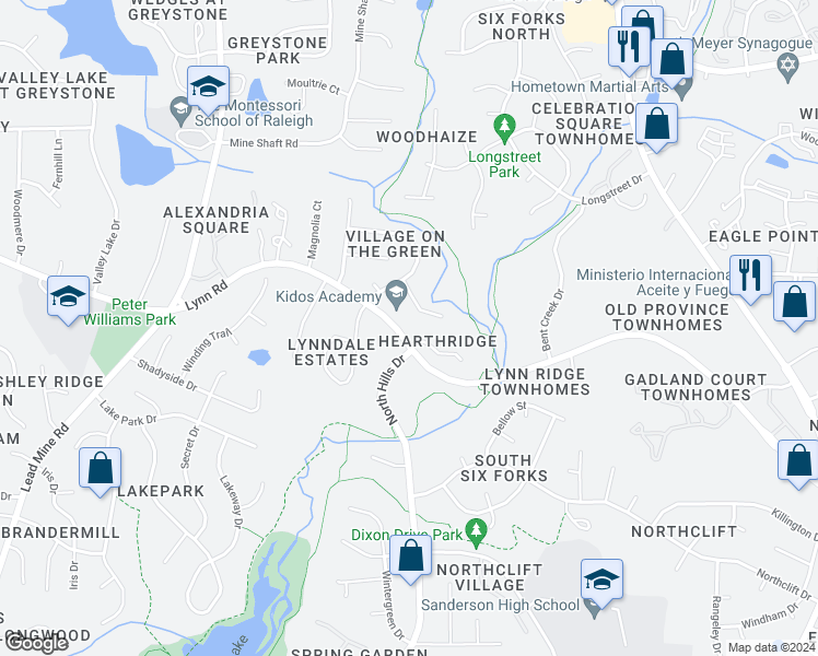 map of restaurants, bars, coffee shops, grocery stores, and more near 933 Hearthridge Court in Raleigh