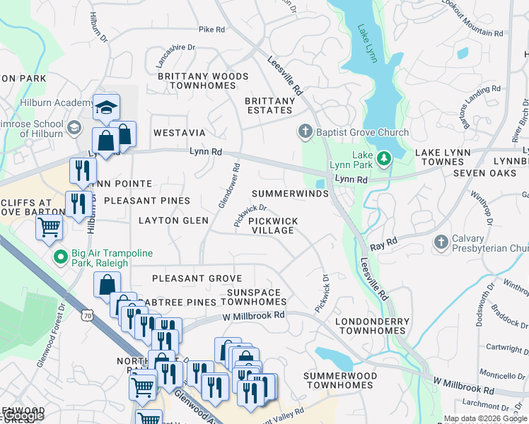 map of restaurants, bars, coffee shops, grocery stores, and more near 6404 Shadow Court in Raleigh