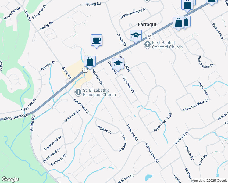map of restaurants, bars, coffee shops, grocery stores, and more near 11800 Corto Lane in Knoxville