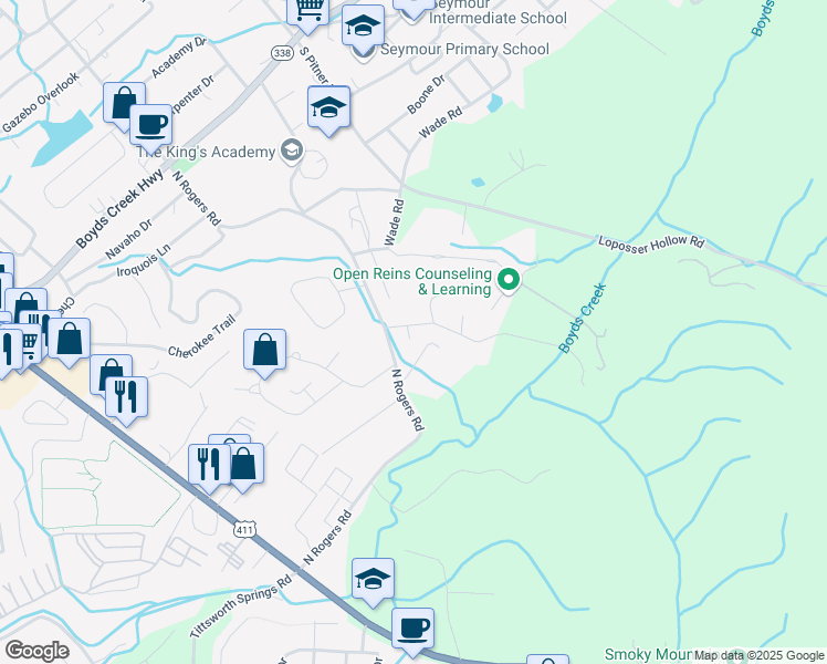 map of restaurants, bars, coffee shops, grocery stores, and more near 405 White Oak Drive in Seymour