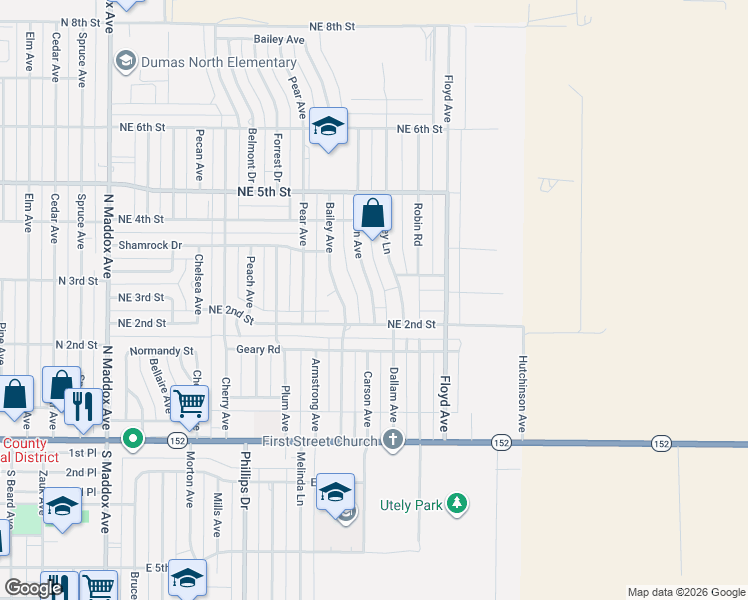 map of restaurants, bars, coffee shops, grocery stores, and more near 206 Carson Ave in Dumas