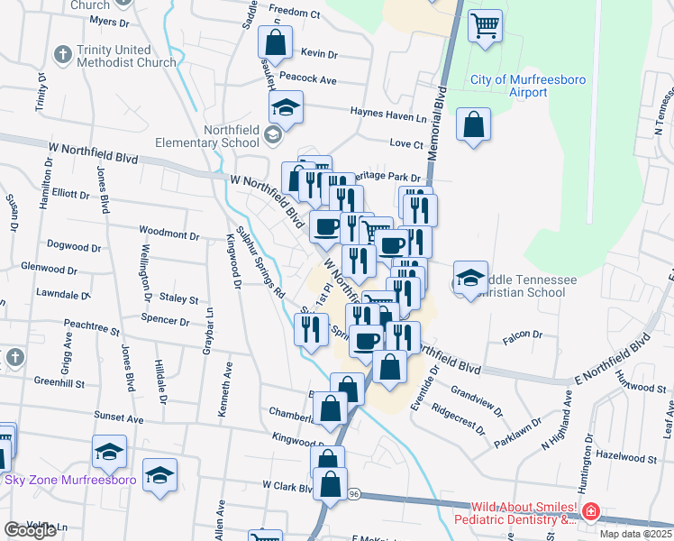 map of restaurants, bars, coffee shops, grocery stores, and more near 299 MTCS Road in Murfreesboro