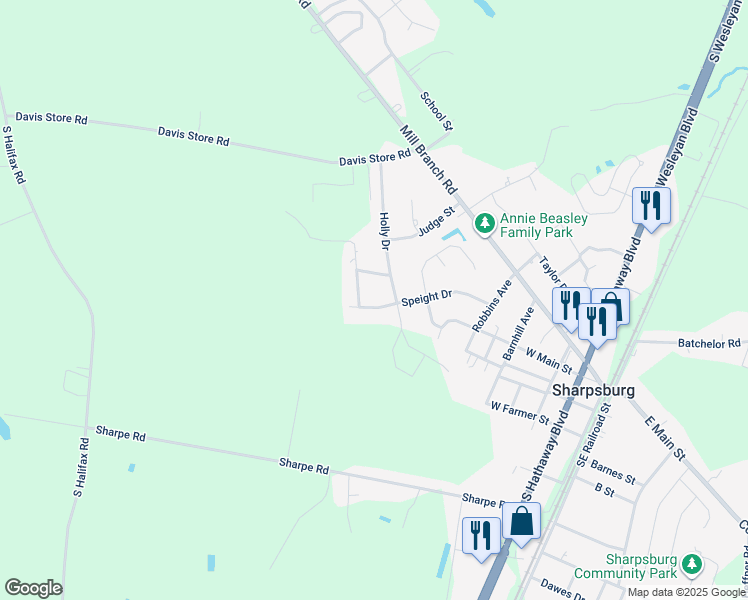 map of restaurants, bars, coffee shops, grocery stores, and more near 808 Speight Drive in Rocky Mount