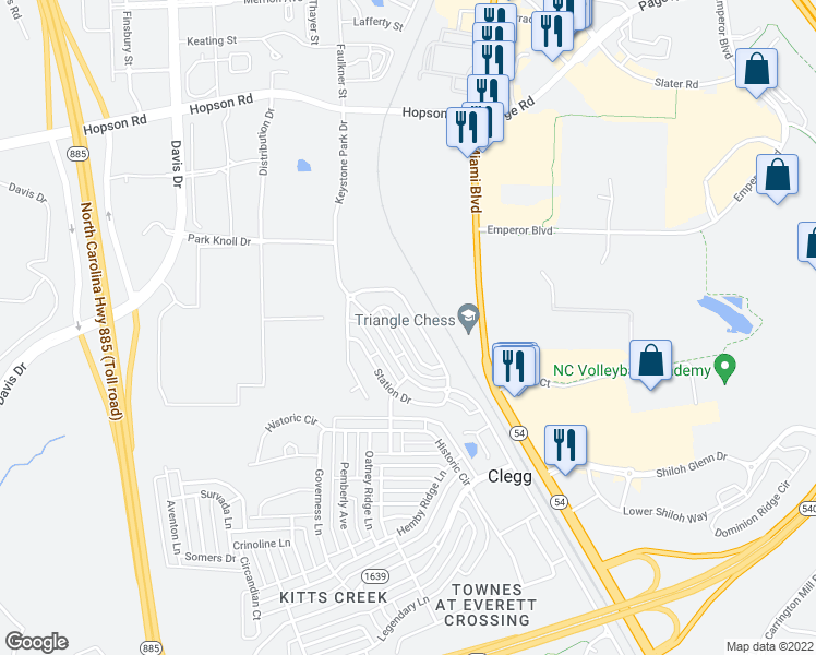 map of restaurants, bars, coffee shops, grocery stores, and more near 705 Keystone Park Drive in Morrisville