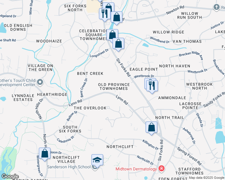 map of restaurants, bars, coffee shops, grocery stores, and more near 6705 Olde Province Court in Raleigh