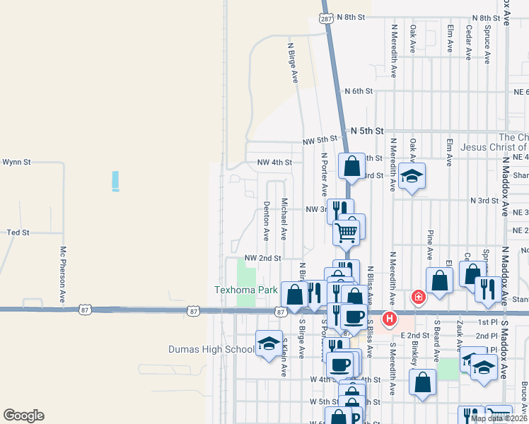 map of restaurants, bars, coffee shops, grocery stores, and more near 399 Michael Avenue in Dumas