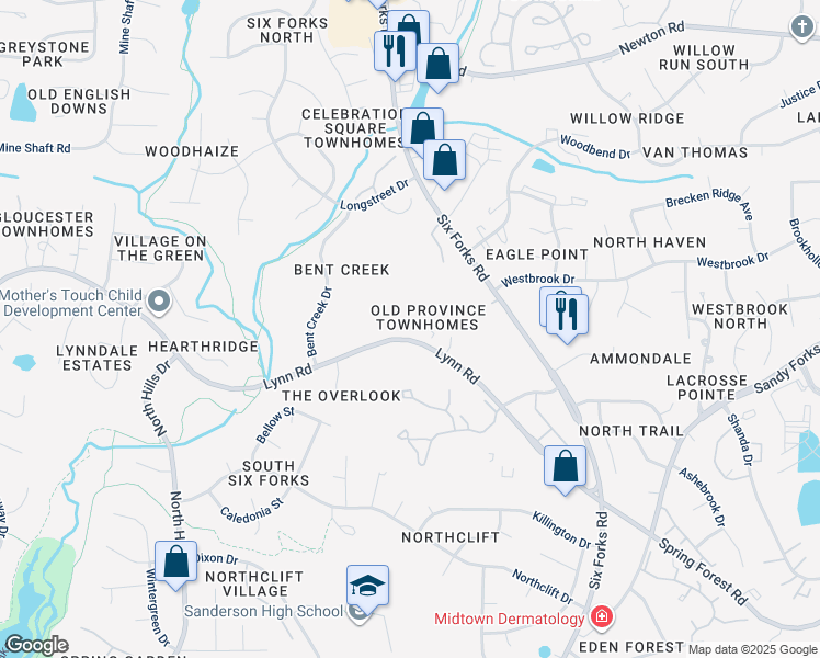 map of restaurants, bars, coffee shops, grocery stores, and more near 6711 Olde Province Court in Raleigh