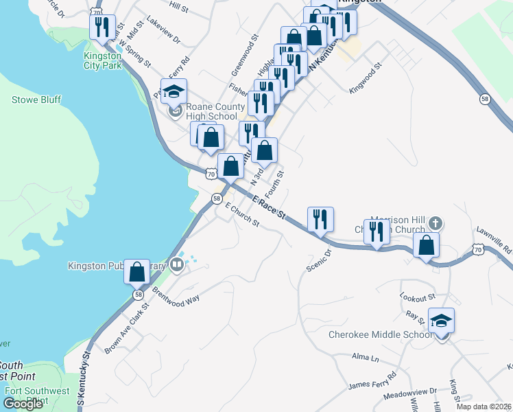 map of restaurants, bars, coffee shops, grocery stores, and more near 215 East Race Street in Kingston