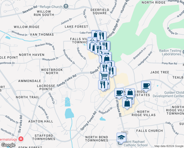 map of restaurants, bars, coffee shops, grocery stores, and more near 7016 Sandy Forks Road in Raleigh
