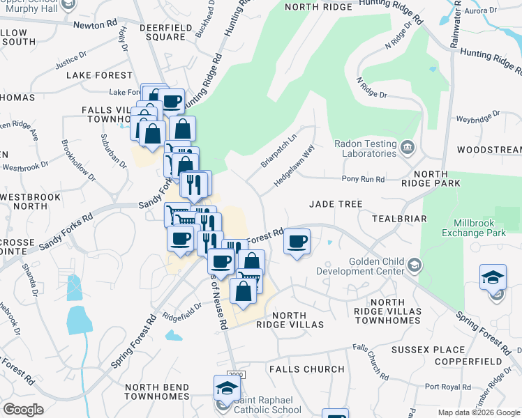 map of restaurants, bars, coffee shops, grocery stores, and more near 6369 New Market Way in Raleigh
