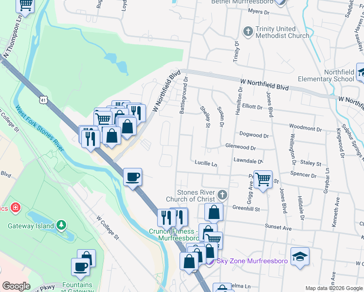 map of restaurants, bars, coffee shops, grocery stores, and more near 1807 Battleground Drive in Murfreesboro