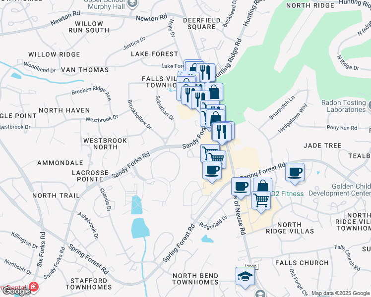 map of restaurants, bars, coffee shops, grocery stores, and more near 7011 Sandy Forks Road in Raleigh