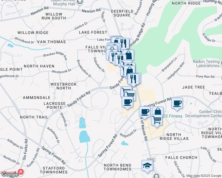 map of restaurants, bars, coffee shops, grocery stores, and more near 7011 Sandy Forks Road in Raleigh