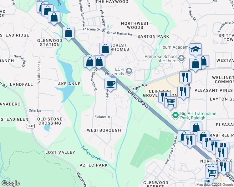 map of restaurants, bars, coffee shops, grocery stores, and more near 6720 Fleetwood Drive in Raleigh