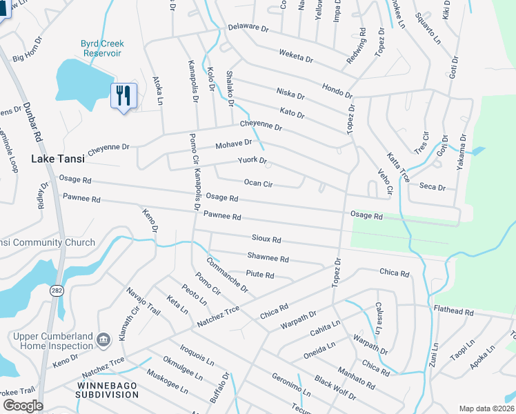 map of restaurants, bars, coffee shops, grocery stores, and more near 6223 Osage Road in Crossville