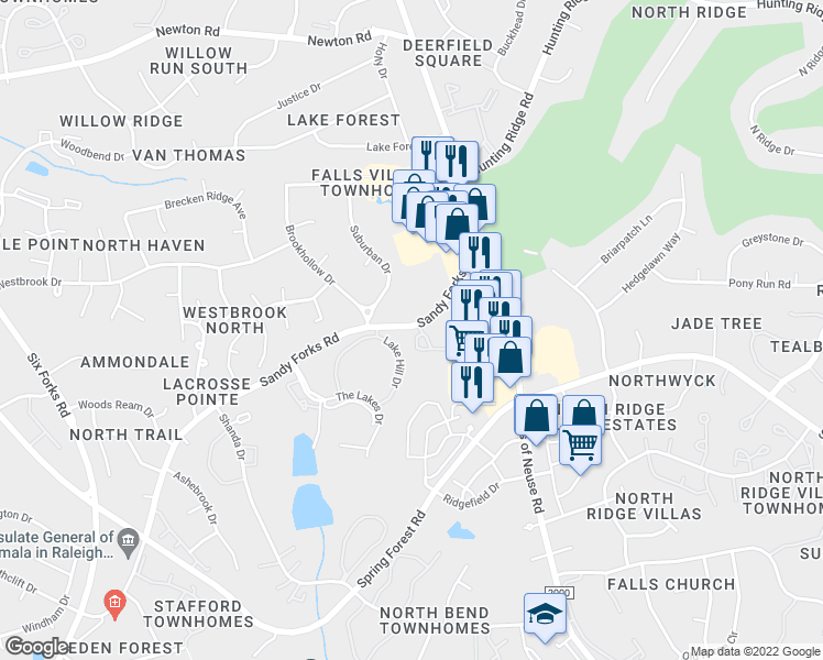 map of restaurants, bars, coffee shops, grocery stores, and more near 7011 Sandy Forks Road in Raleigh