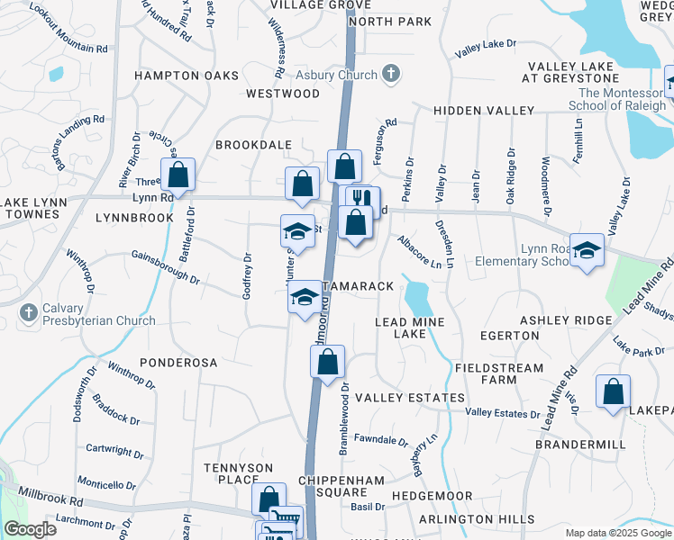 map of restaurants, bars, coffee shops, grocery stores, and more near 6220 Creedmoor Road in Raleigh